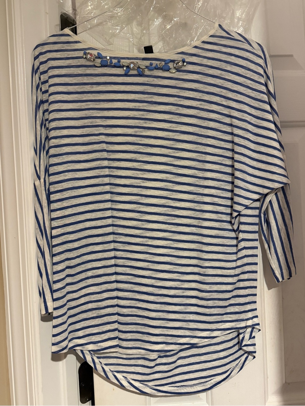 Ann Taylor Blue & White Striped Long Sleeve Top with Neckline Embellishment
